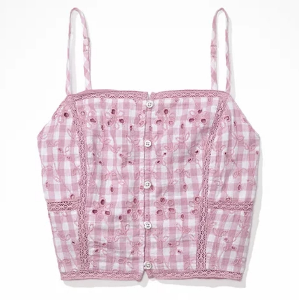 American Eagle Square Neck Button Up Cami Gingham Cropped Top NWT Small Smocked